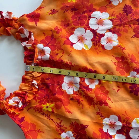 Vintage 70s Hukilau Paradise Hibiscus Floral Red Orange Ruffle Hawaiian Dress - Picture 9 of 10